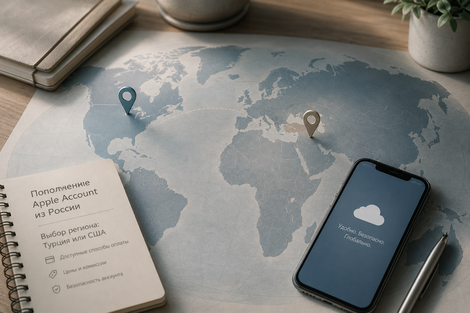 Карта с отметками Турции и США для выбора региона Apple ID